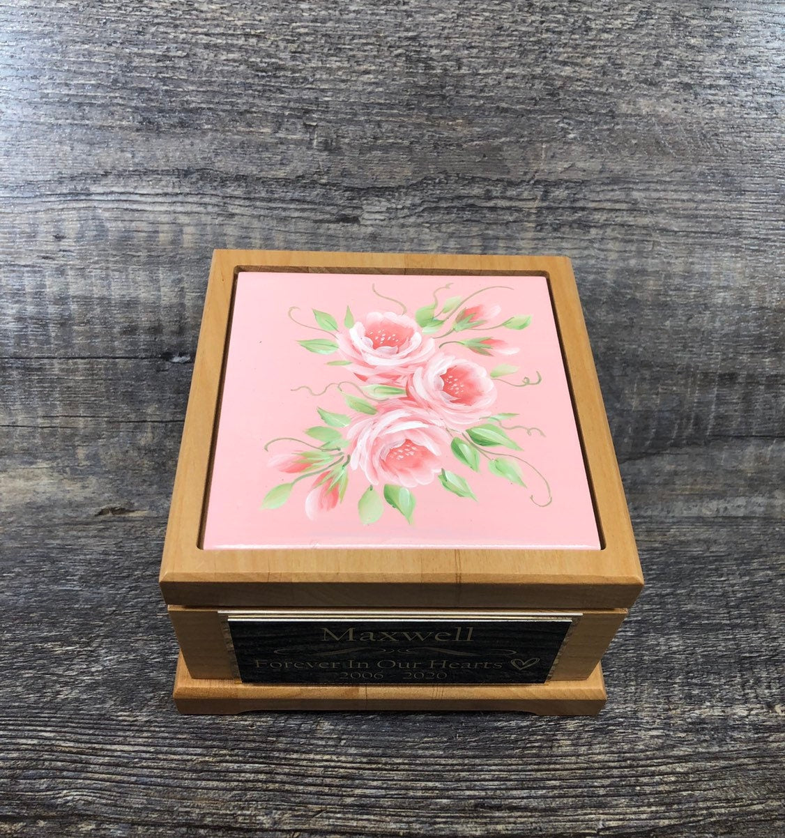 Small Dog Urn Pet Urn Pet Memorial Keepsake Box Cremation Urn Hand Painted Roses Tile & Tag Red Alder Small Dog / Animal Cat Urn Up To 25lbs