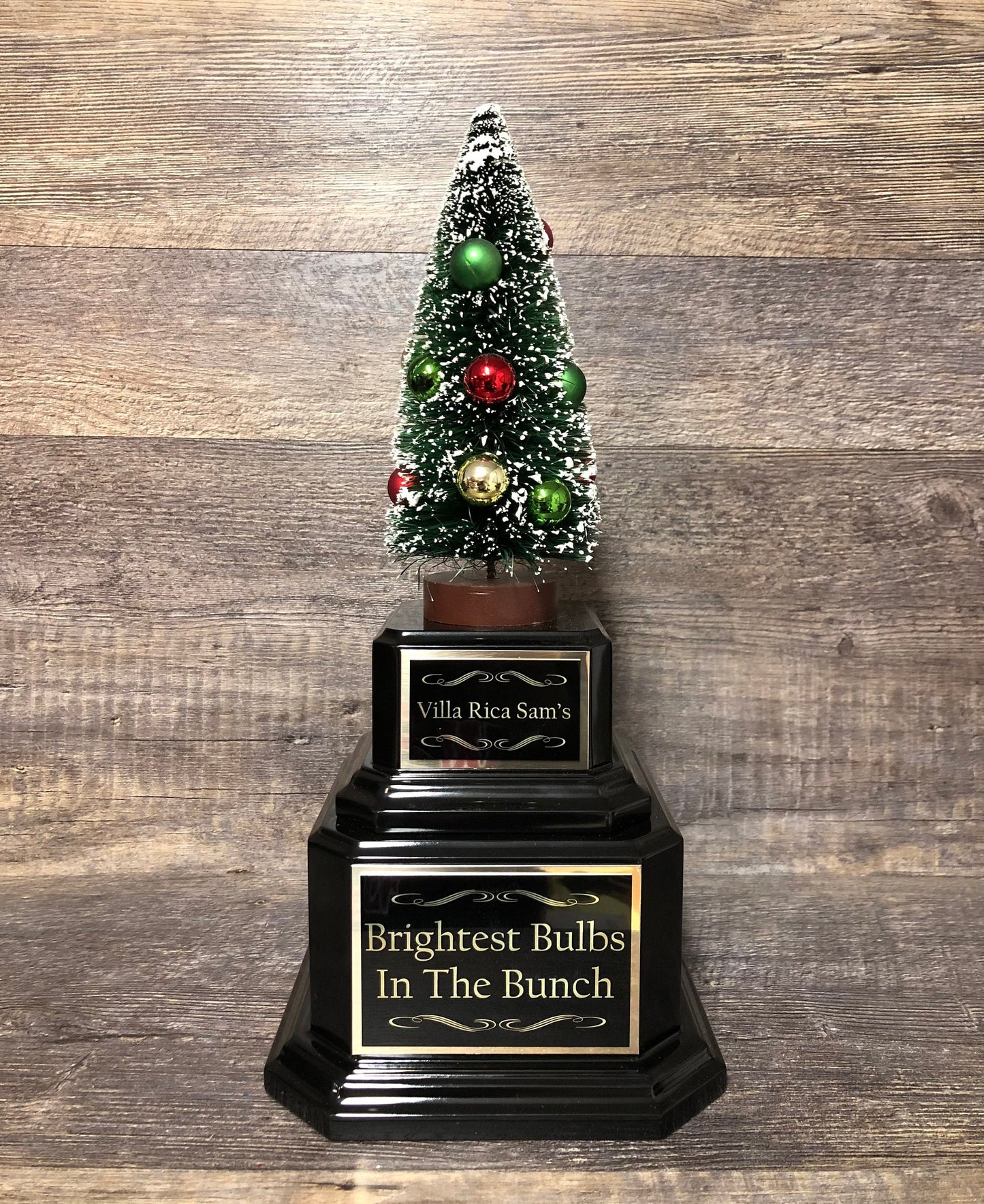 Best Decorated Tree Christmas Trophy Perpetual Holiday Lights Bottle Brush Tree Neighborhood House Decorating Ugly Sweater Trophy