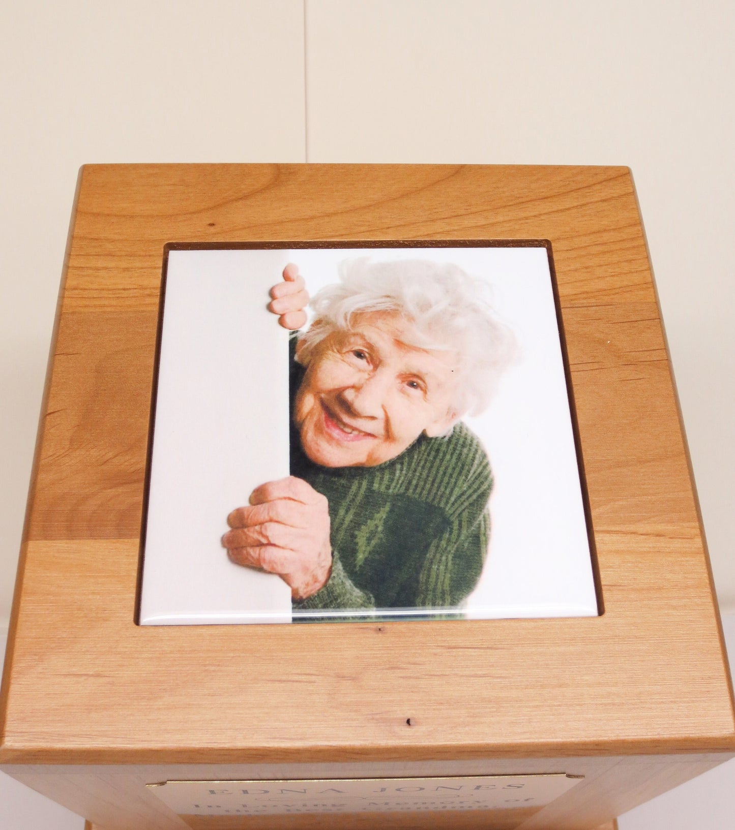 Cremation Urn Funeral Memorial Human Custom Tile Photo & Personalized Engraved Brass Tag Memorial Keepsake Red Alder Human Holds Upto 150 lb
