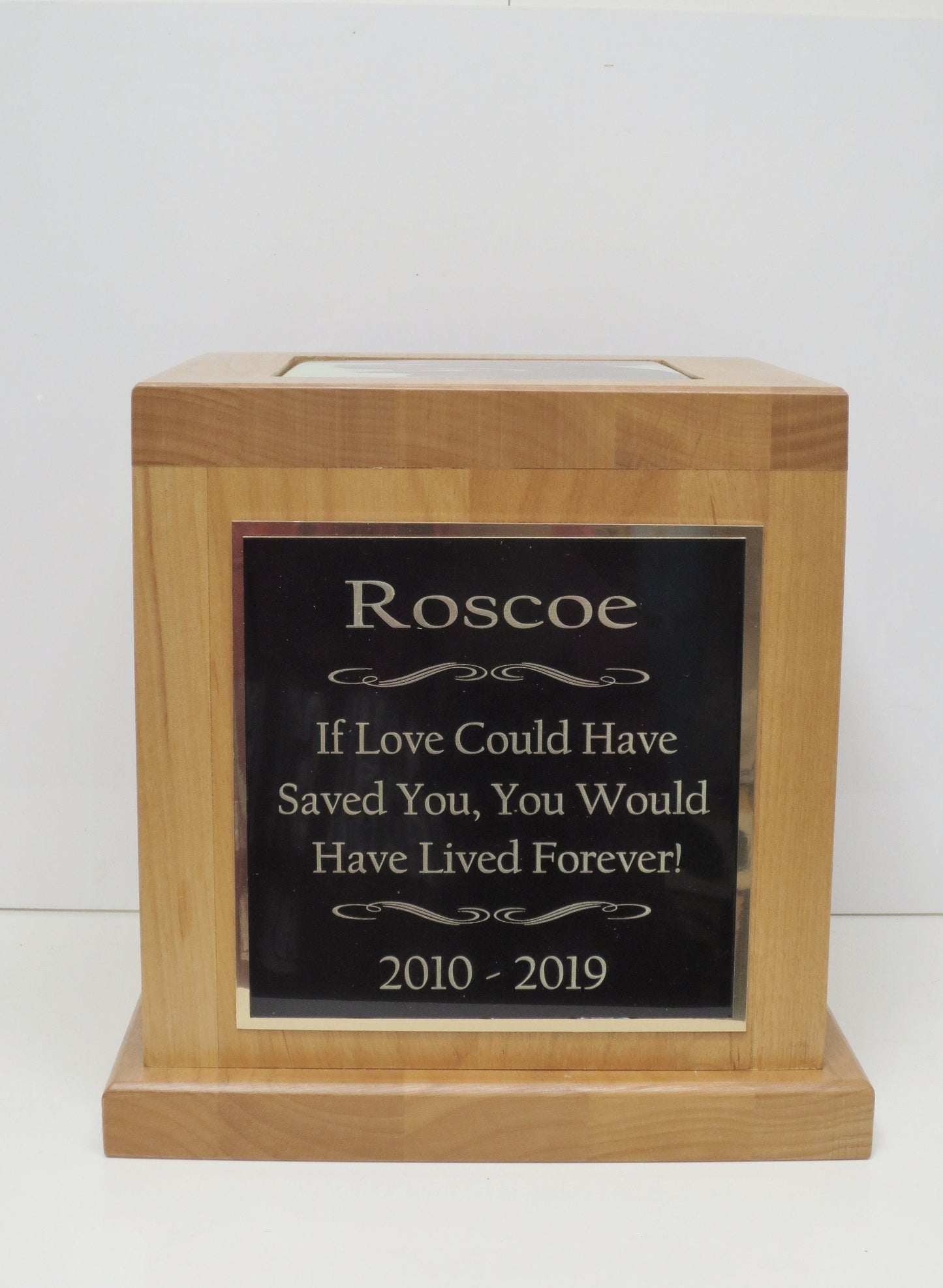 XL Dog Urn Pet Urn Memorial Keepsake Cremation Urn Great Dane Custom Photo Tile & Personalized Tag Red Alder Wood XL Extra Large 150 lb