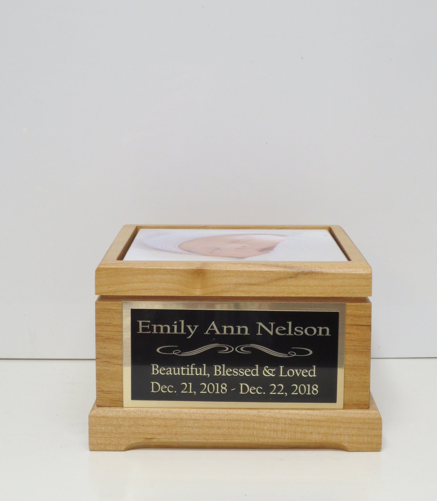 Baby Urn Infant Child Urn Baby Cremation Memorial Human Custom Tile Photo & Personalized Engraved Tag Keepsake Red Alder Wood Wooden 25 lbs