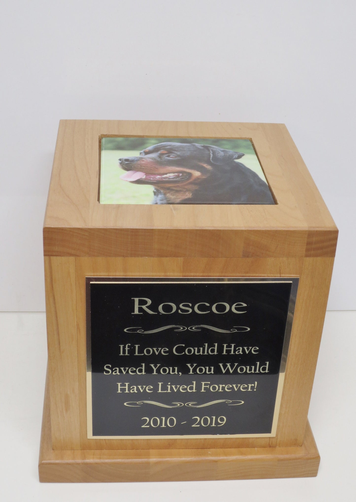 XL Dog Urn Pet Urn Memorial Keepsake Cremation Urn Great Dane Custom Photo Tile & Personalized Tag Red Alder Wood XL Extra Large 150 lb