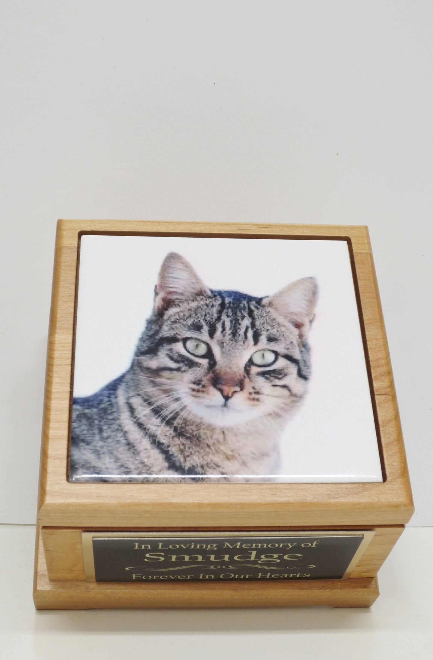 Custom Cat Memorial Urn Pet Urn Keepsake Cremation Urn Kitty Small Animal Custom Urn Photo Tile & Personalized Plate Red Alder Wood Urn