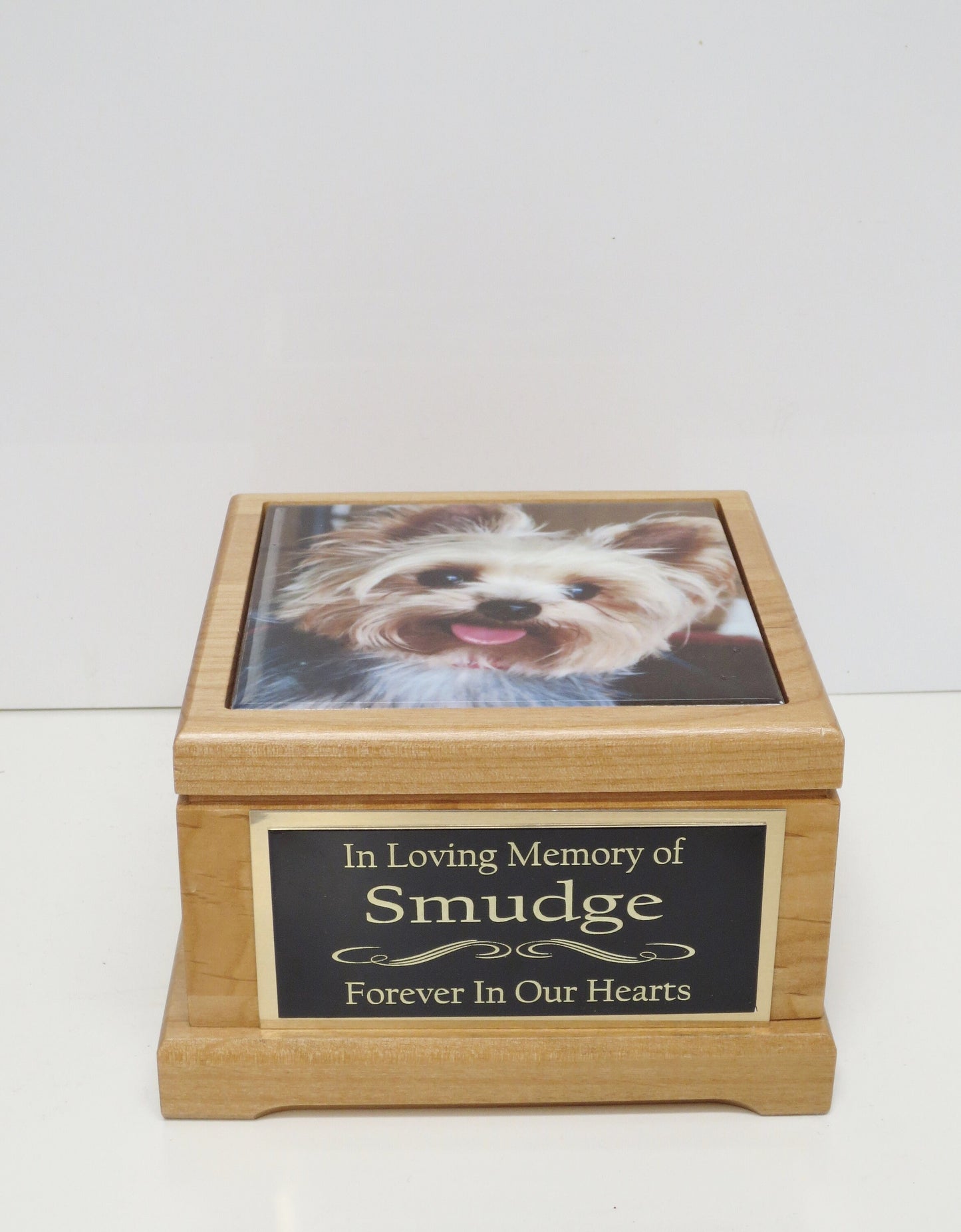 Pet Urn Dog Urn Pet Memorial Keepsake Cremation Custom Photo Tile & Personalized Engraved Tag Cat Urn Red Alder Wood Urn Small Dog UpTo 25lb