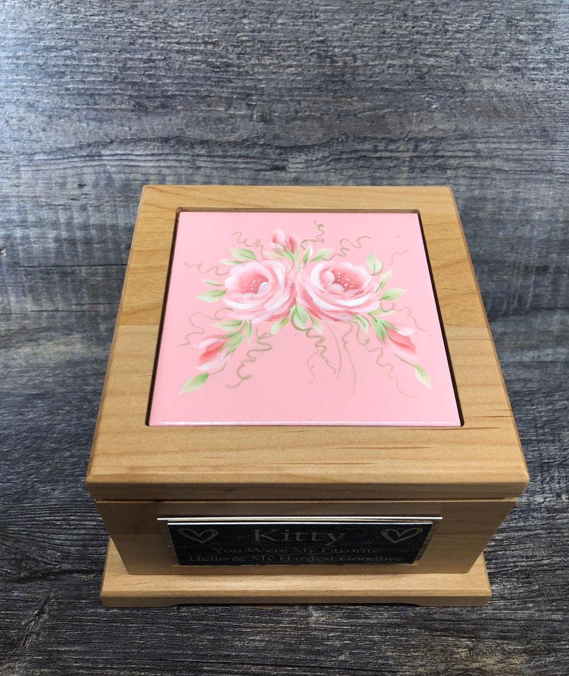 Dog Urn Pet Urn Pet Memorial Keepsake Cremation Urn Hand Painted Roses Tile & Personalized Tag Red Alder Wood Medium Dog Urn UpTo 60lb