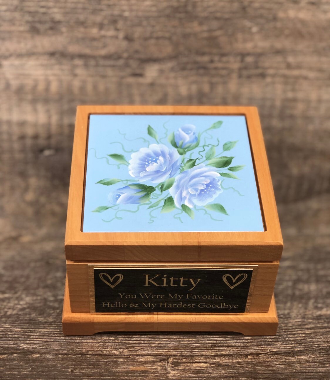 Cat Urn Pet Urn Pet Memorial Keepsake Box Cremation Urn Kitty or Small Animal Hand Painted Roses & Personalized Tag Dog Urn Red Alder