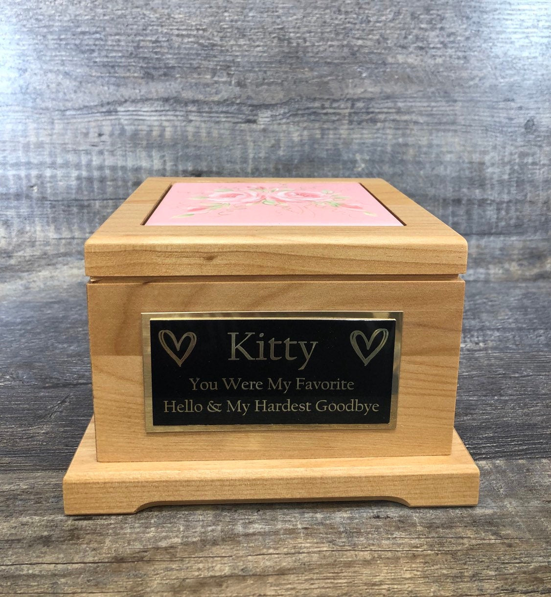 Dog Urn Pet Urn Pet Memorial Keepsake Cremation Urn Hand Painted Roses Tile & Personalized Tag Red Alder Wood Medium Dog Urn UpTo 60lb