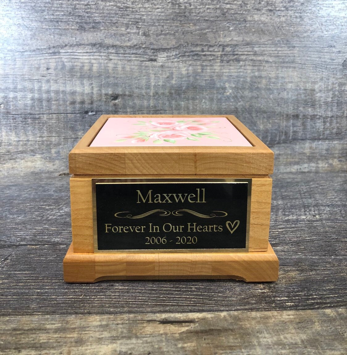 Small Dog Urn Pet Urn Pet Memorial Keepsake Box Cremation Urn Hand Painted Roses Tile & Tag Red Alder Small Dog / Animal Cat Urn Up To 25lbs