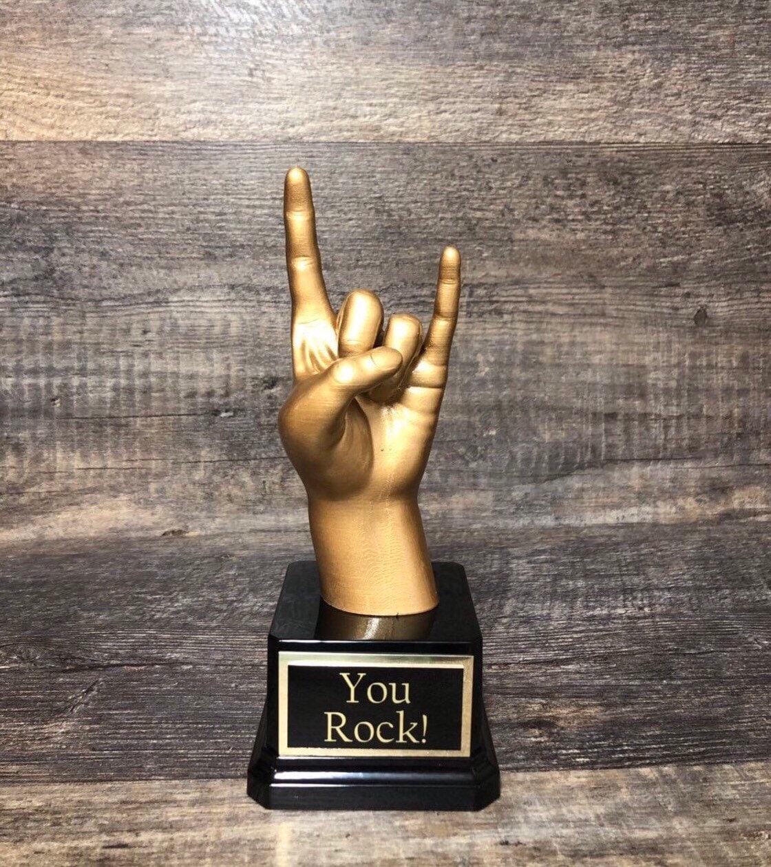 YOU ROCK! Rock Star Award Rock On Hand Trophy Funny Trophy Achievement Award Top Score Appreciation Award