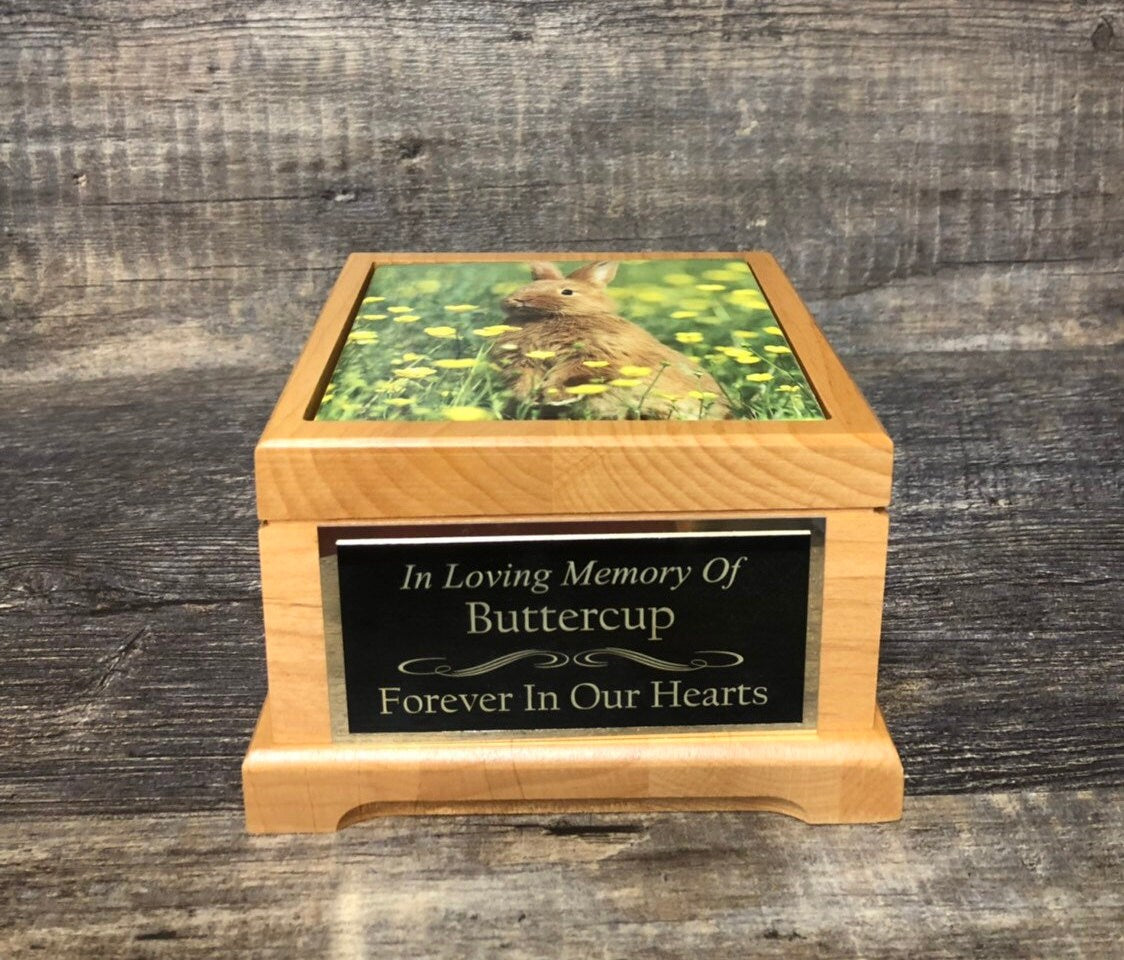 Bunny Urn Rabbit Urn Small Animal Pet Urn Guinea Pig Urn Pet Memorial Keepsake Box Cremation Urn Custom Photo Tile & Engraved Tag To 25lbs