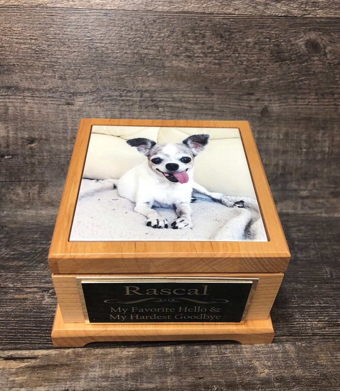 Pet Urn Dog Urn Pet Memorial Keepsake Box Chihuahua Cremation Urn Custom Photo Tile & Tag Red Alder Small Dog / Animal Cat Urn Up To 25lbs