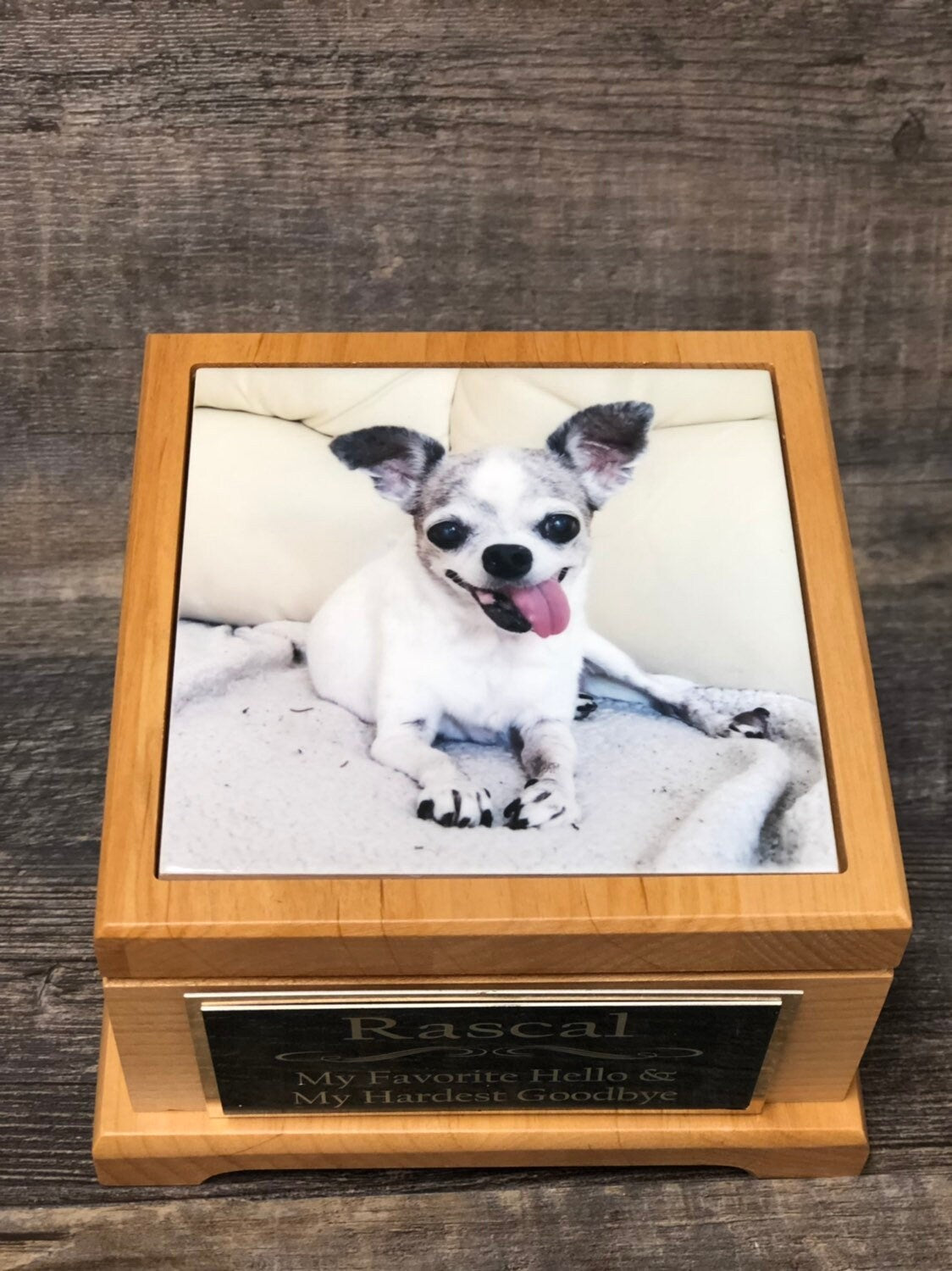 Pet Urn Dog Urn Pet Memorial Keepsake Box Chihuahua Cremation Urn Custom Photo Tile & Tag Red Alder Small Dog / Animal Cat Urn Up To 25lbs