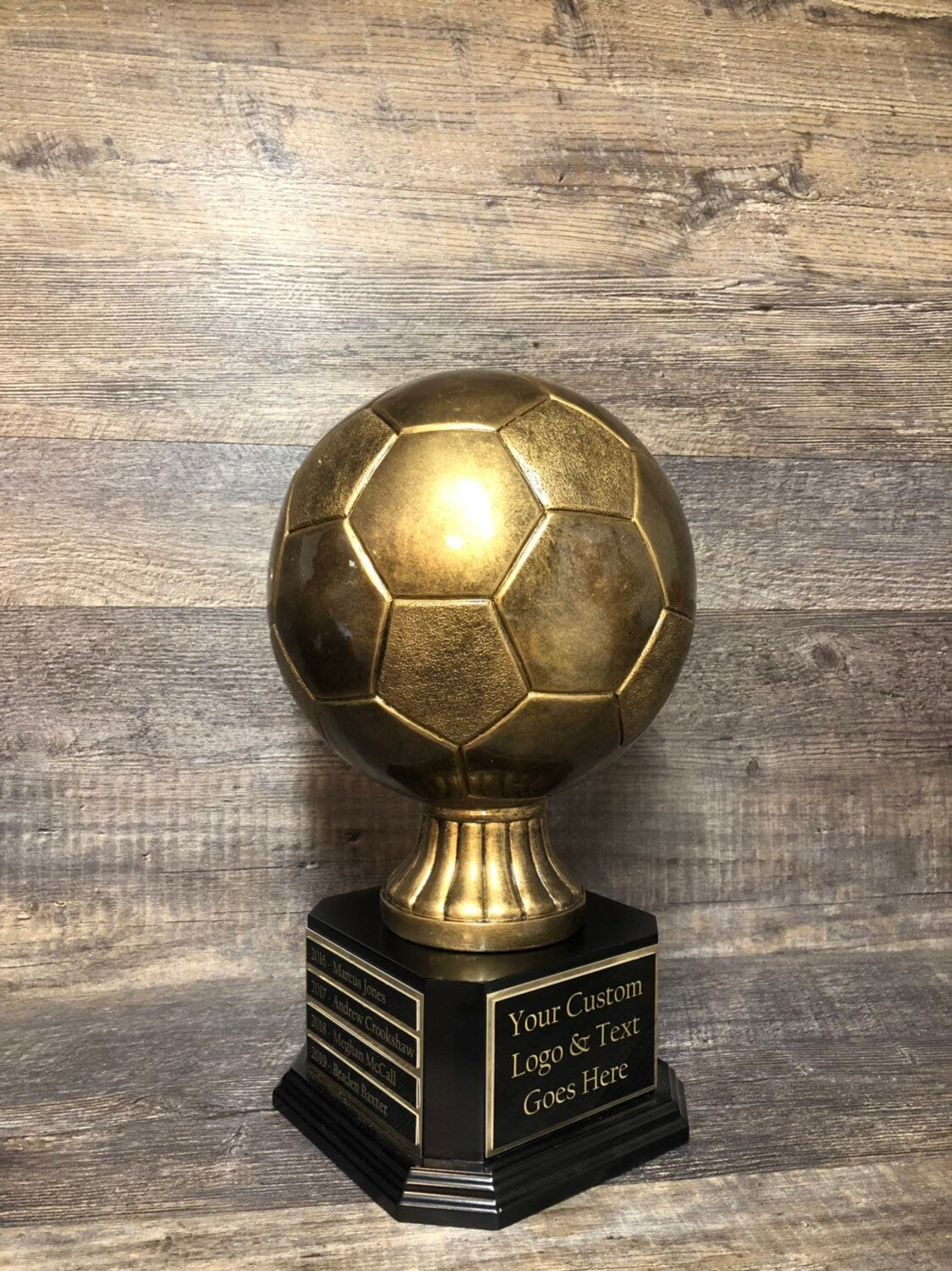 Soccer Trophy Fantasy Soccer Football League Trophy 15" FULL SIZE Antique Gold Soccer Ball 6 or 12 Year Perpetual Championship League Award