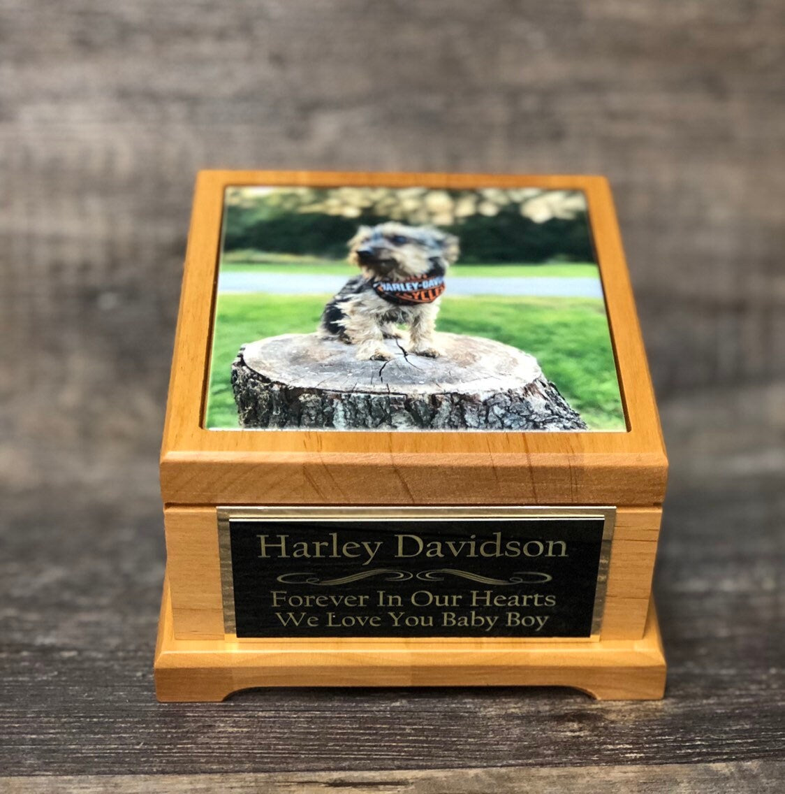 Pet Urn Dog Urn Pet Memorial Keepsake Box Yorkie Cremation Urn Custom Photo Tile & Tag Red Alder Small Dog / Animal Cat Urn Up To 25lbs