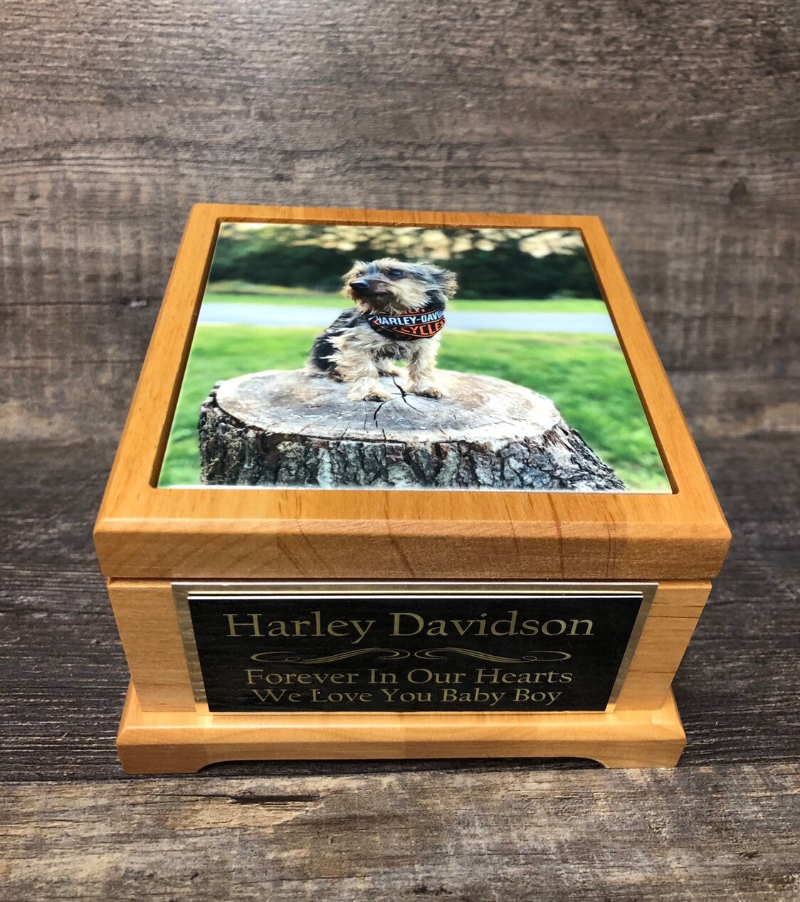 Pet Urn Dog Urn Pet Memorial Keepsake Box Yorkie Cremation Urn Custom Photo Tile & Tag Red Alder Small Dog / Animal Cat Urn Up To 25lbs