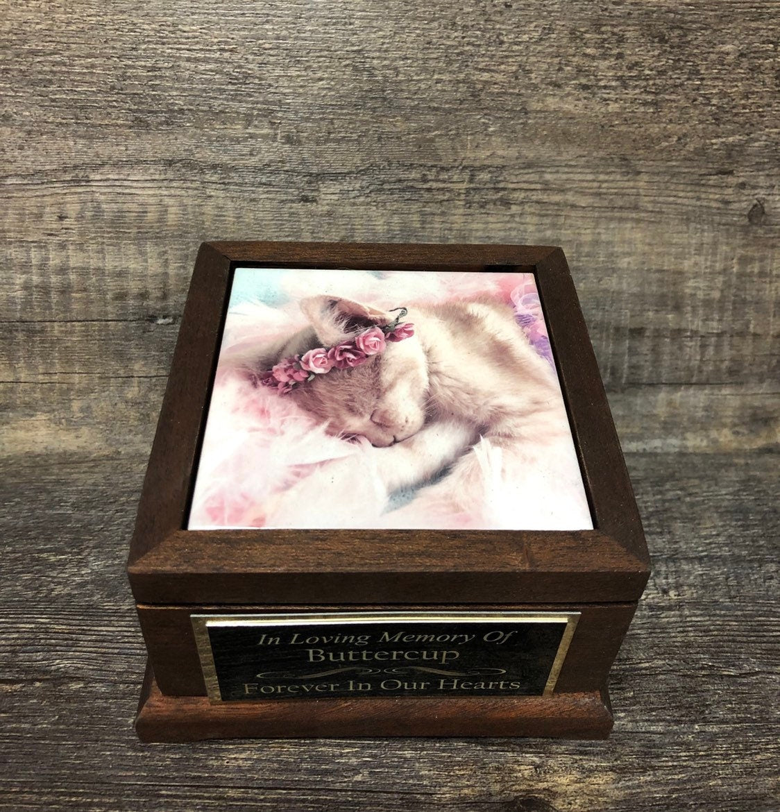 Mahogany Pet Urn Cat or Dog Urn Pet Memorial Keepsake Box Yorkie Cremation Urn Custom Photo Tile & Tag Small Dog / Animal Urn Up To 25lbs