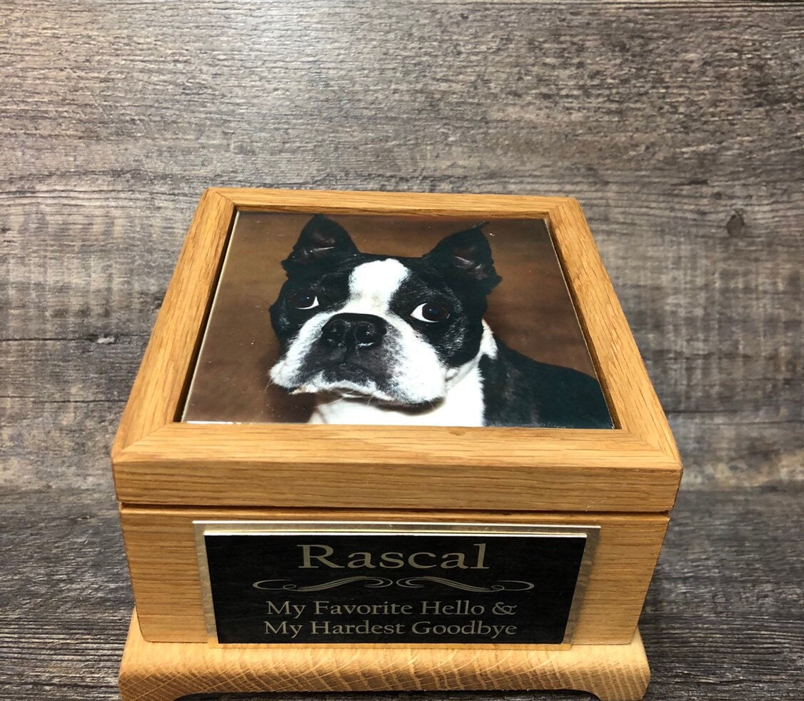 Dog Urn Pet Urn Cat Urn Pet Memorial Keepsake Box Yorkie Cremation Urn Custom Photo Tile & Tag OAK Small Dog / Animal Urn Up To 25lbs