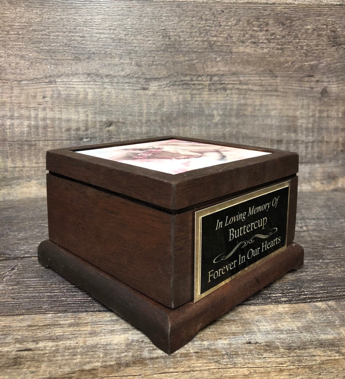 Pet Urn Cat or Dog Urn Pet Memorial Keepsake Box Yorkie Mahogany Cremation Urn Custom Photo Tile & Tag Small Dog / Animal Urn Up To 25lbs