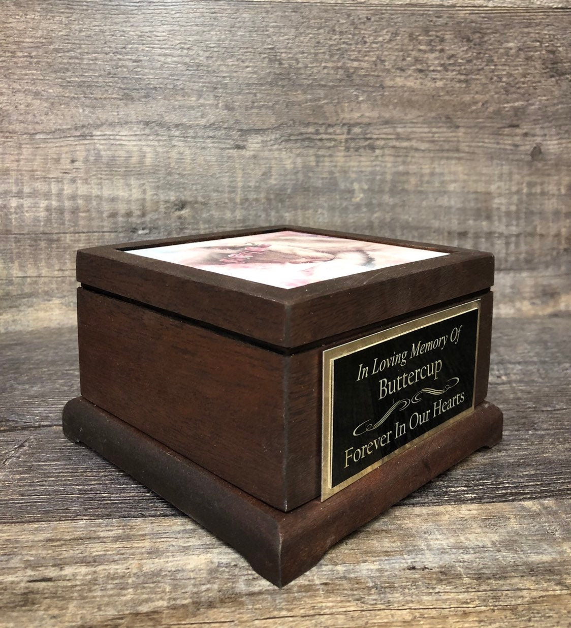 Mahogany Pet Urn Cat or Dog Urn Pet Memorial Keepsake Box Yorkie Cremation Urn Custom Photo Tile & Tag Small Dog / Animal Urn Up To 25lbs