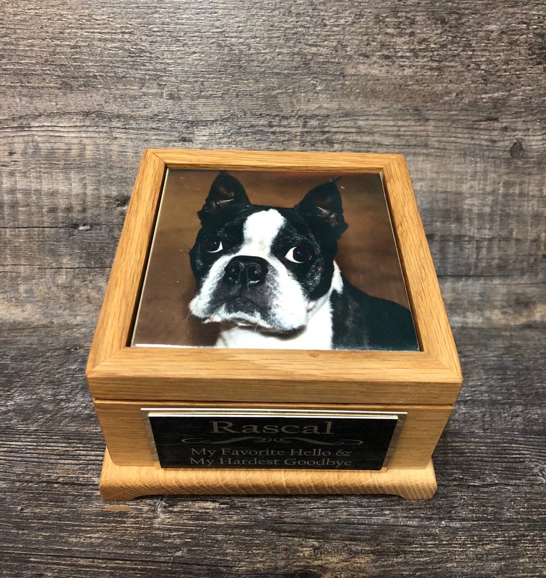 Dog Urn Pet Urn Cat Urn Pet Memorial Keepsake Box Yorkie Cremation Urn Custom Photo Tile & Tag OAK Small Dog / Animal Urn Up To 25lbs