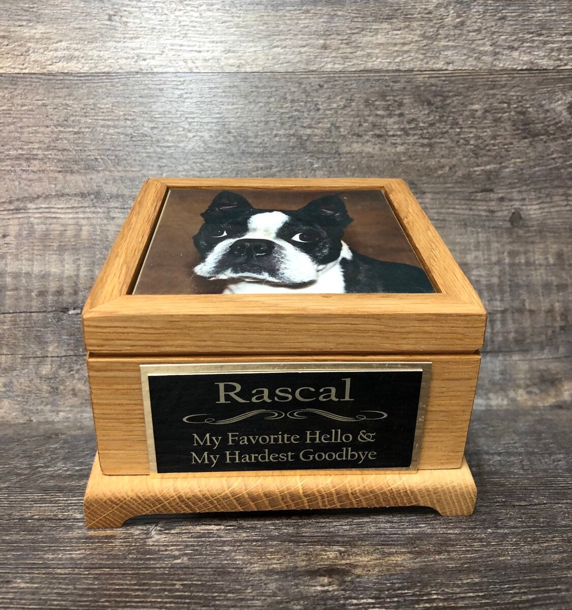 Dog Urn Pet Urn Cat Urn Pet Memorial Keepsake Box Yorkie Cremation Urn Custom Photo Tile & Tag OAK Small Dog / Animal Urn Up To 25lbs