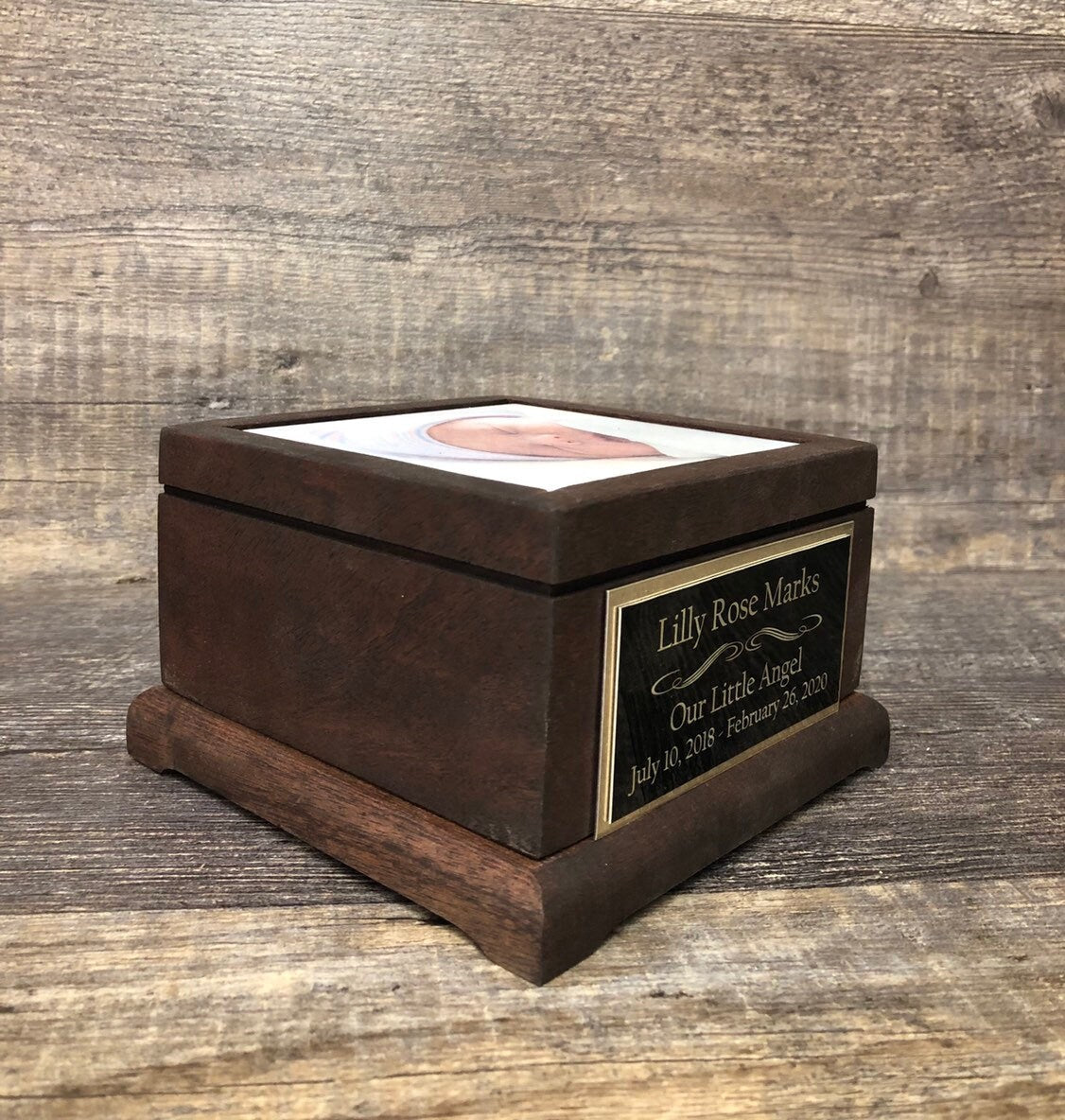 Baby Urn For Ashes Infant Child Loss MAHOGANY Stillborn Urn Baby Cremation Memorial Human Photo & Engraved Plate Memorial Keepsake
