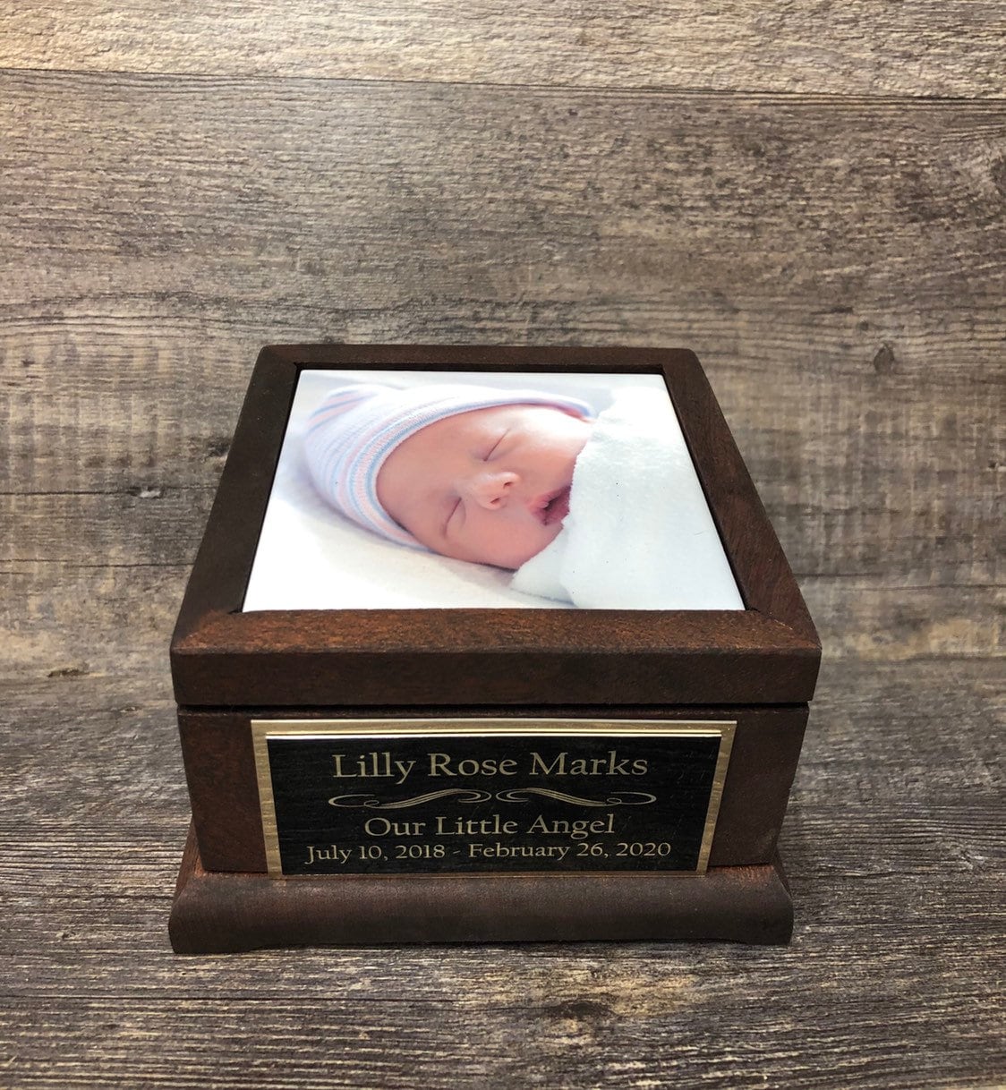 Baby Urn For Ashes Infant Child Loss MAHOGANY Stillborn Urn Baby Cremation Memorial Human Photo & Engraved Plate Memorial Keepsake
