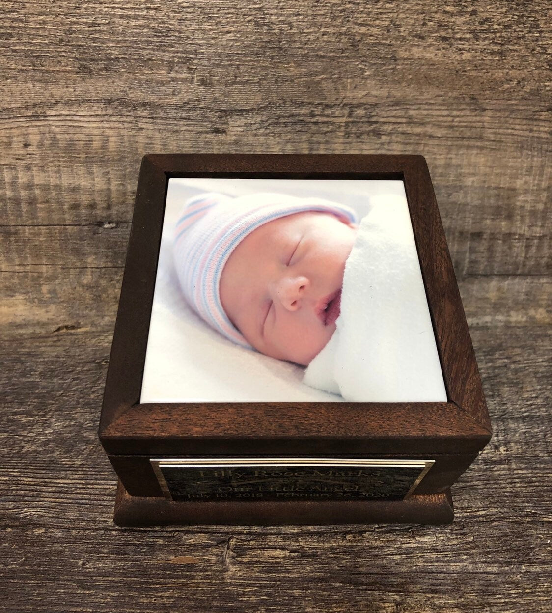 Baby Urn For Ashes Infant Child Loss MAHOGANY Stillborn Urn Baby Cremation Memorial Human Photo & Engraved Plate Memorial Keepsake