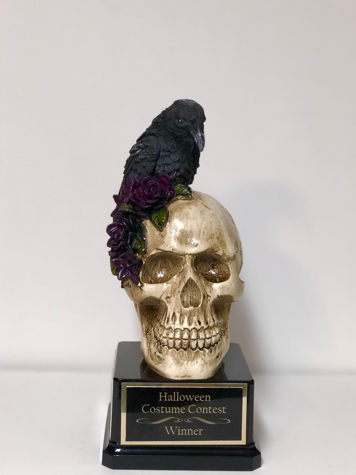 Halloween Trophy Prize Crow Skull Purple Flowers Costume Party Scariest Costume Pumpkin Carving Costume Contest Dia De Los Muertos