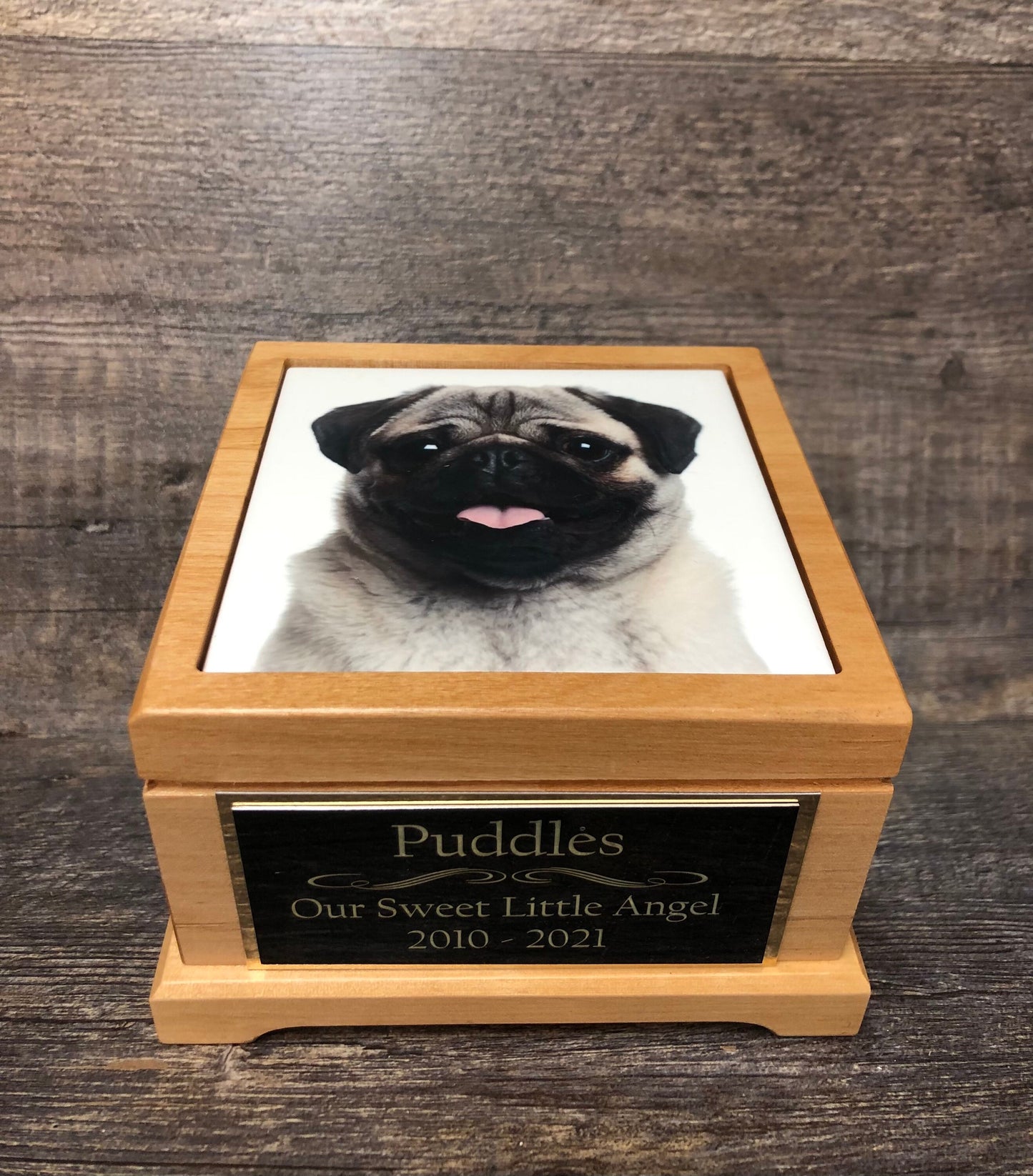 Pet Urn Dog Urn Pet Memorial Keepsake Box Pug / Yorkie Cremation Urn Custom Photo Tile & Tag Red Alder Small Dog / Animal Urn Up To 25lbs