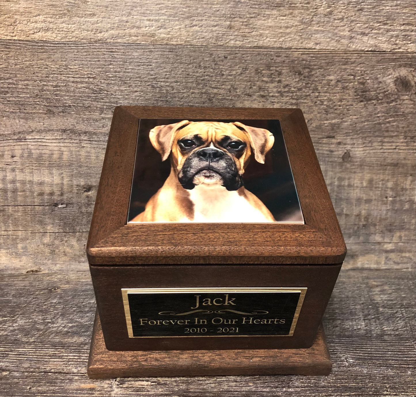 Pet Urn Dog Urn MAHOGANY Memorial Keepsake Cremation Urn Custom Photo Tile & Personalized Boxer Lab German Sheppard Large Dog Up To 90lb