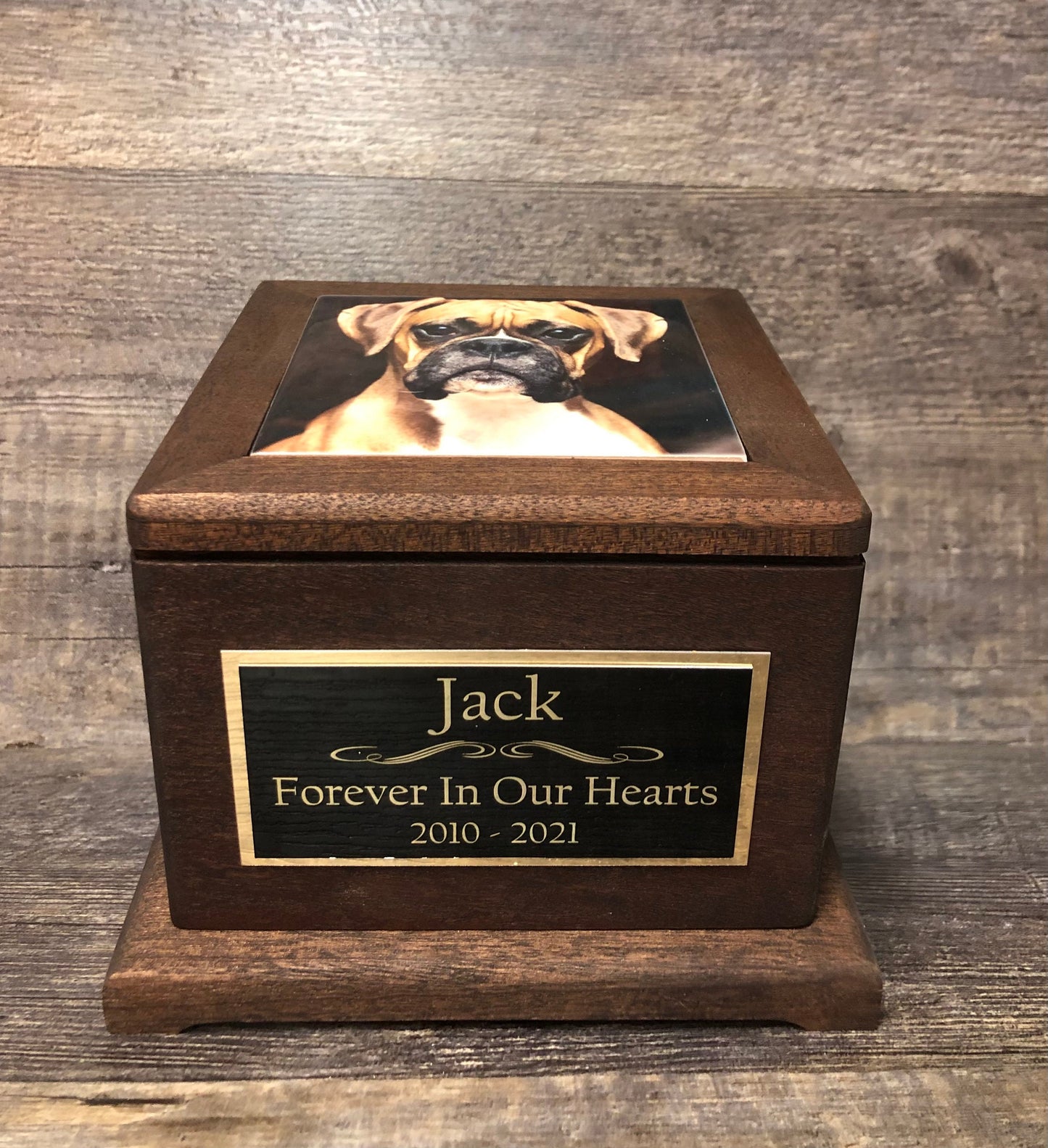 Pet Urn Dog Urn MAHOGANY Memorial Keepsake Cremation Urn Custom Photo Tile & Personalized Boxer Lab German Sheppard Large Dog Up To 90lb