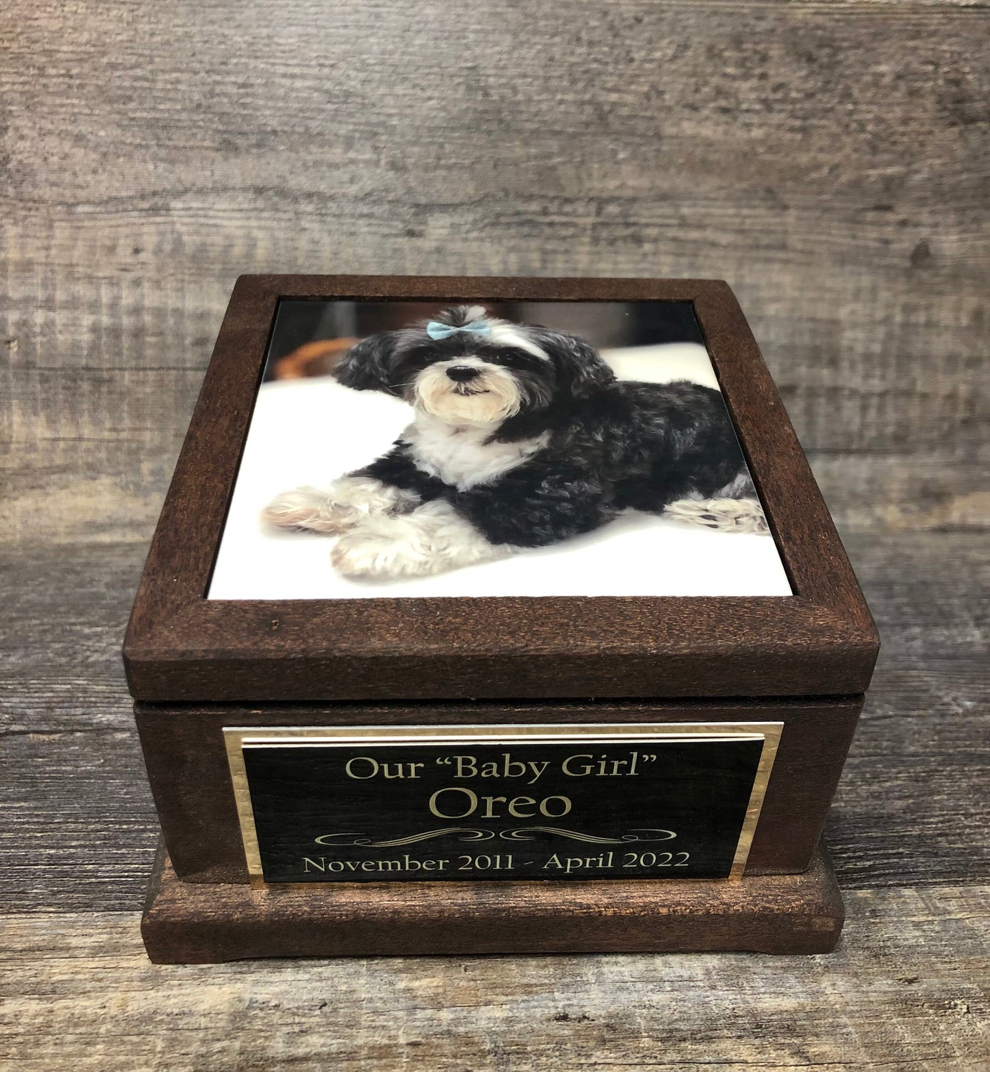 Pet Urn Dog Urn MAHOGANY Memorial Keepsake Cremation Urn Dachshund Chihuahua Yorkie Maltes Pom Custom Photo & Plate Small Dog Up To 25 lbs