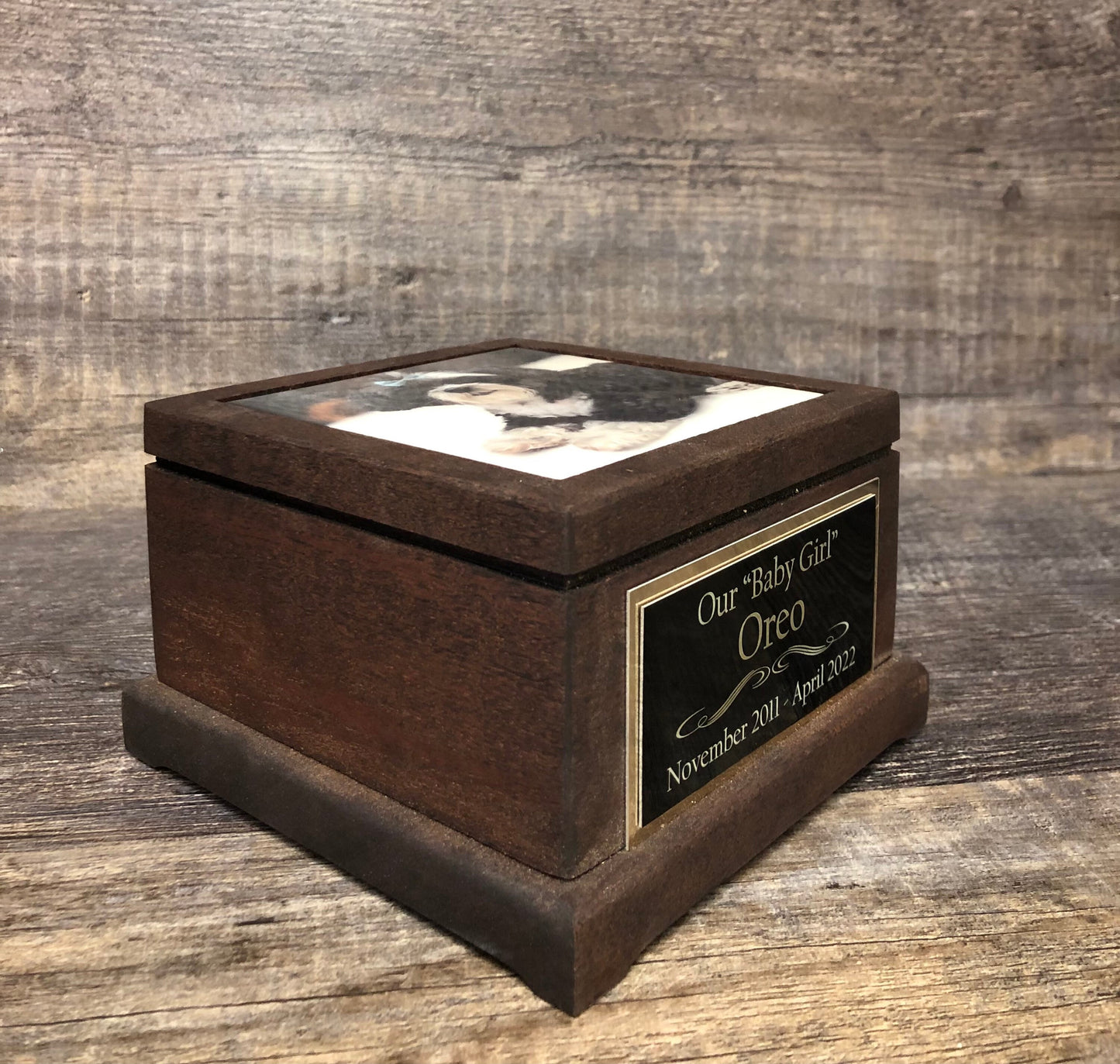 Pet Urn Dog Urn MAHOGANY Memorial Keepsake Cremation Urn Dachshund Chihuahua Yorkie Maltes Pom Custom Photo & Plate Small Dog Up To 25 lbs