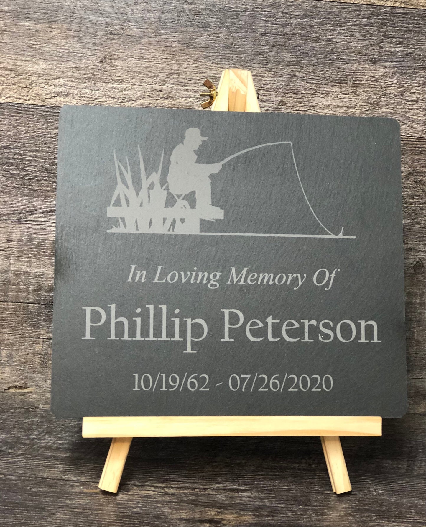Memorial Stone w/ Wood Easel Memory Stone Slate Remembrance FISHING Garden Memorial Stone Plaque In Loving Memory of Name Plate