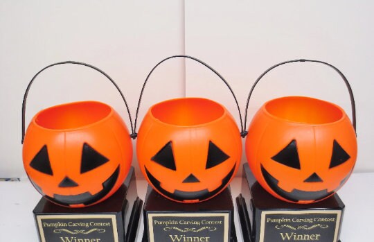 Halloween Trophy Trophies THREE Cute Pastel Pumpkin Carving Contest Trophy Best Costume Jack O Lantern Treat Pails Halloween Pumpkin