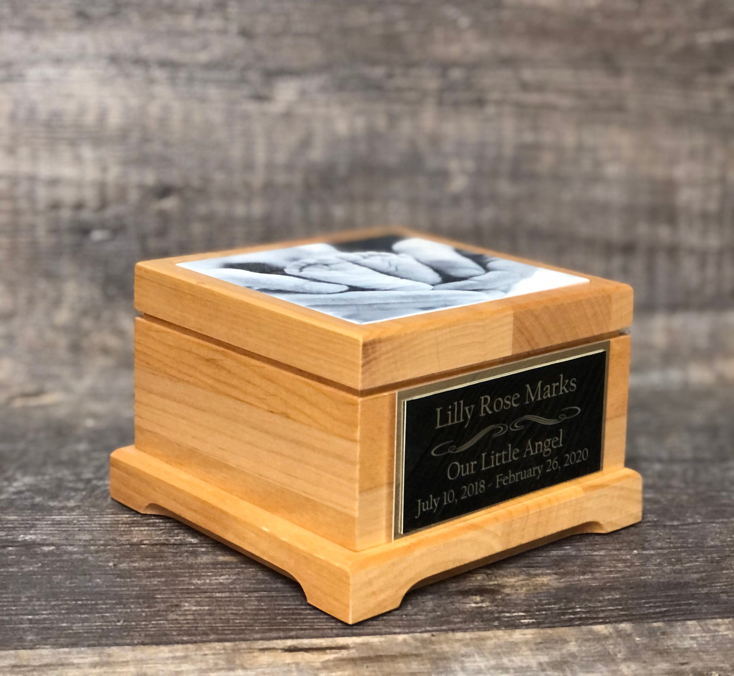 Baby Urn For Ashes Infant Child Loss Urn Baby Cremation Memorial Human Tile Photo & Personalized Engraved Tag Memorial Keepsake Red Alder