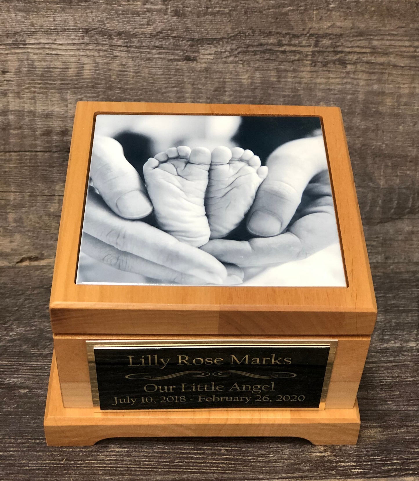 Baby Urn For Ashes Infant Child Loss Urn Baby Cremation Memorial Human Tile Photo & Personalized Engraved Tag Memorial Keepsake Red Alder