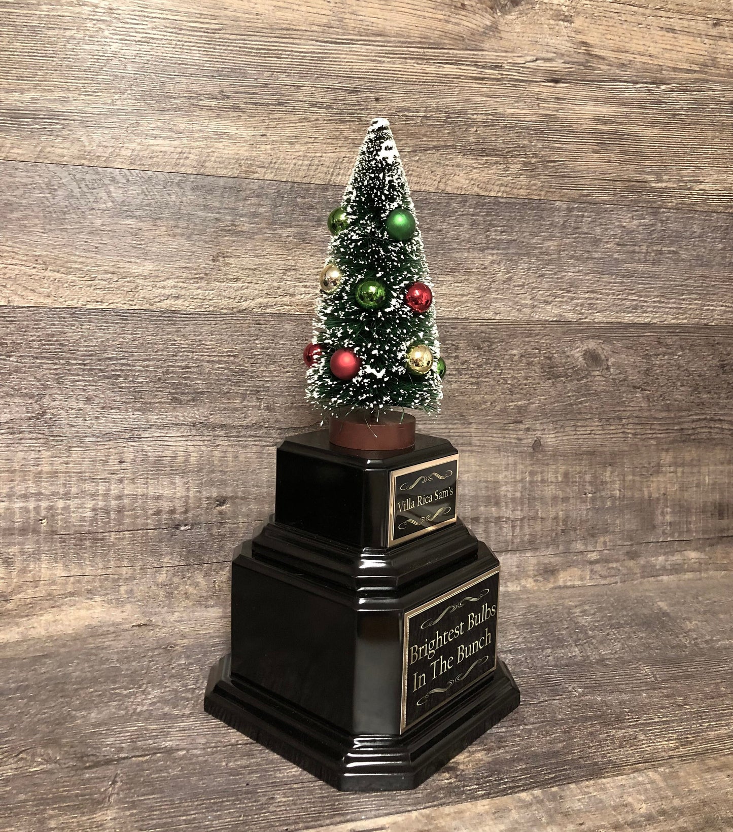 Best Decorated Tree Christmas Trophy Perpetual Holiday Lights Bottle Brush Tree Neighborhood House Decorating Ugly Sweater Trophy