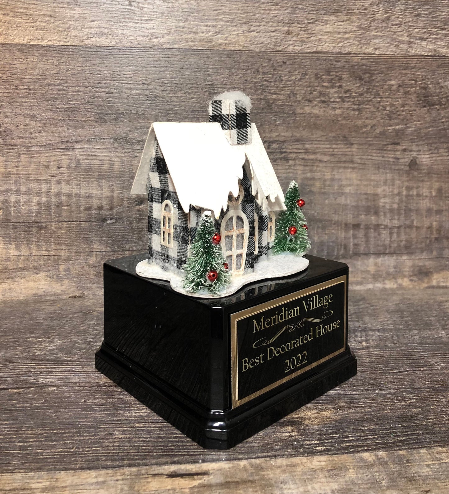 Best Decorated House Trophy Holiday Lights Bottle Brush Trees Neighborhood Christmas Trophy Gingerbread House Cookie Decorating Ugly Sweater