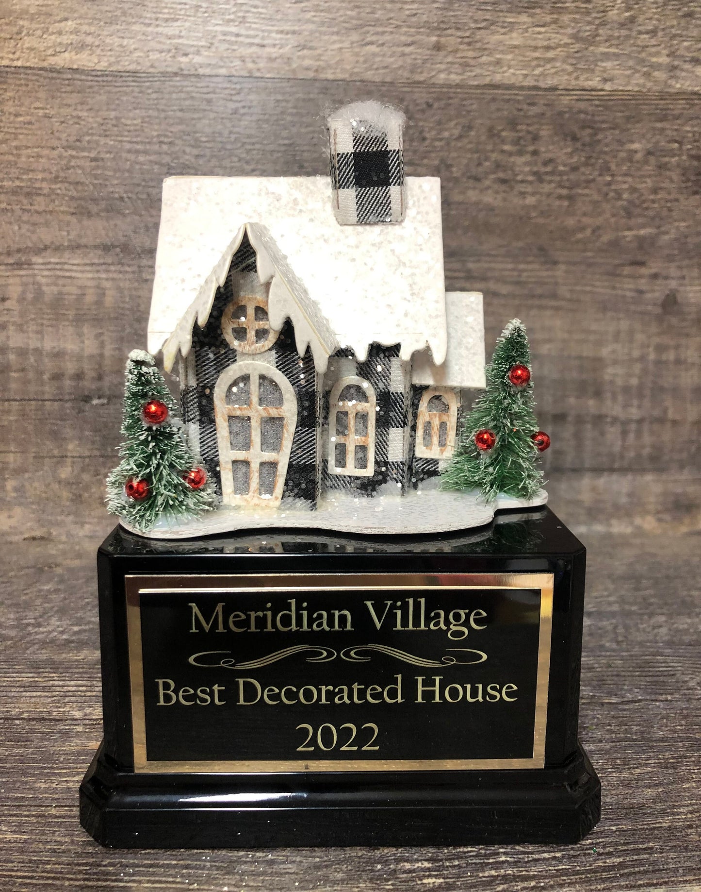 Best Decorated House Trophy Holiday Lights Bottle Brush Trees Neighborhood Christmas Trophy Gingerbread House Cookie Decorating Ugly Sweater
