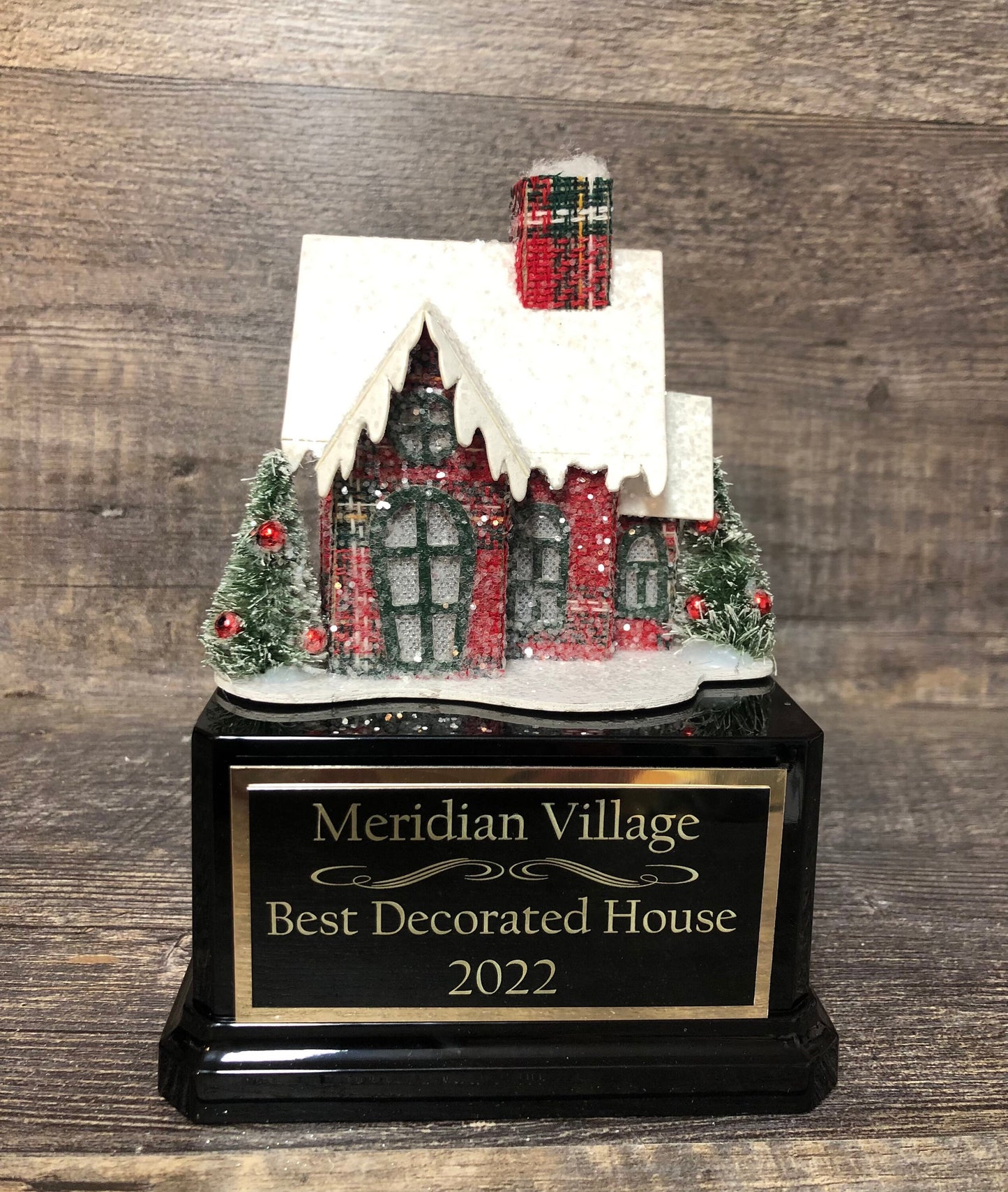 Best Decorated House Trophy Holiday Lights Bottle Brush Trees Neighborhood Christmas Trophy Gingerbread House Cookie Decorating Ugly Sweater