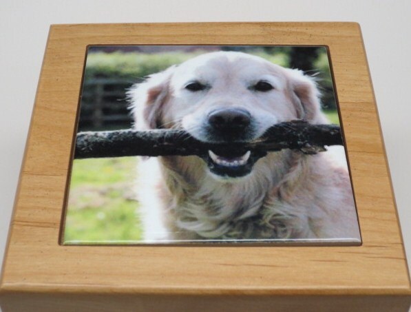 Dog Urn Pet Urn Pet Memorial Keepsake Cremation Urn Custom Photo Tile & Personalized Brass Tag Red Alder Wood Medium Dog Urn UpTo 60lb