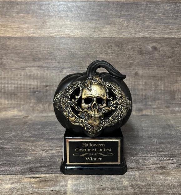Halloween Trophy Black Pumpkin w/ Gold Ornate Skeleton Pumpkin Carving Contest Best Costume Scariest Costume Halloween Decor Trunk or Treat