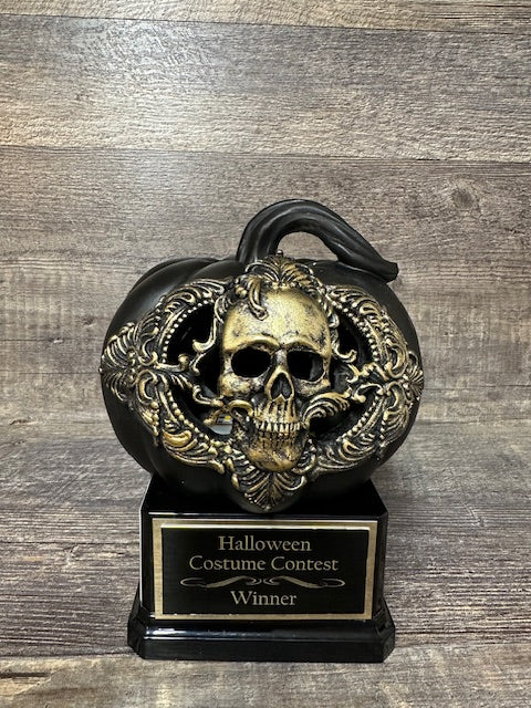 Halloween Trophy Black Pumpkin w/ Gold Ornate Skeleton Pumpkin Carving Contest Best Costume Scariest Costume Halloween Decor Trunk or Treat