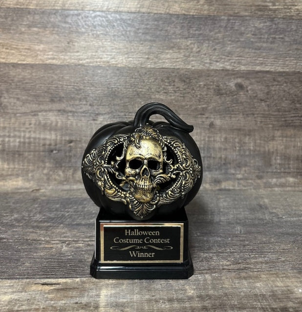Halloween Trophy Black Pumpkin w/ Gold Ornate Skeleton Pumpkin Carving Contest Best Costume Scariest Costume Halloween Decor Trunk or Treat