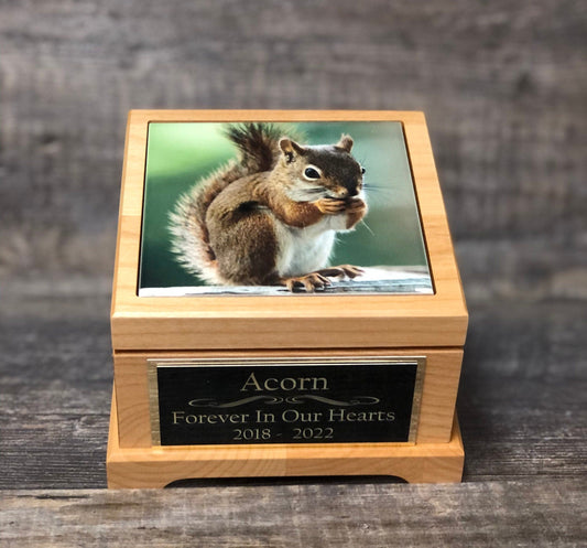 Squirrel Urn Small Animal Pet Urn Rodent Mouse Urn Pet Memorial Keepsake Box Cremation Urn Custom Photo Tile & Engraved Tag To 25lbs