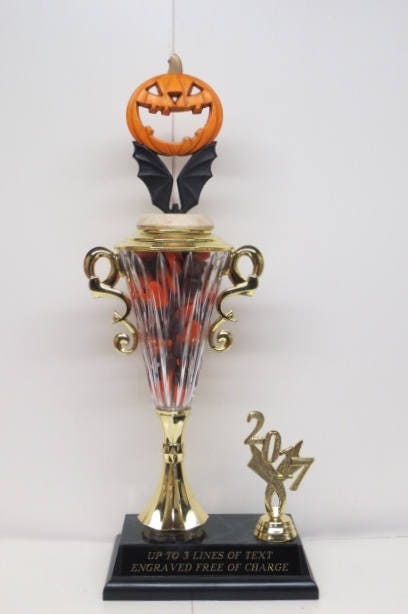 Halloween Trophy Costume Contest Winner Pumpkin Carving Contest Hand Painted Pumpkin Bat Candy Corn Vintage Halloween Decor Jack O Lantern