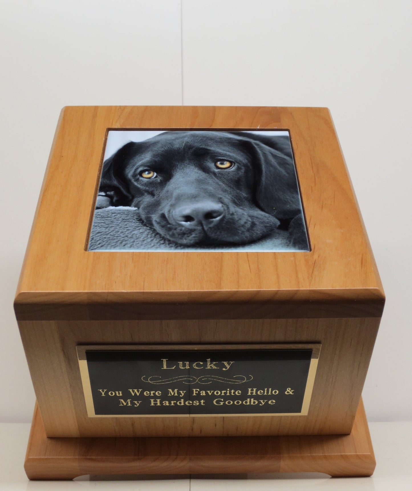 Large Dog Urn Pet Urn Pet Memorial Keepsake Cremation Urn Custom Photo Tile & Personalized Engraved Tag Beautiful Red Alder Up To 100lb