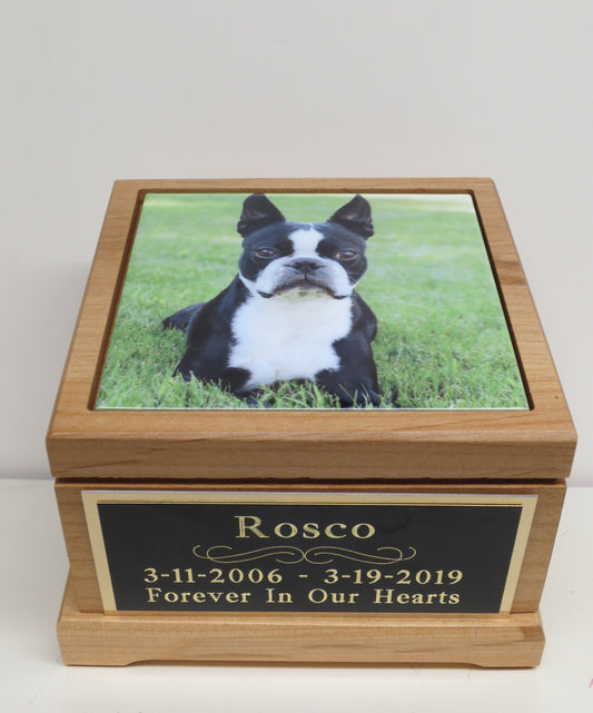 Dog Urn Pet Urn Pet Memorial Keepsake Cremation Urn Custom Photo Tile & Engraved Black Tag Cat Urn Red Alder Small Dog / Animal UpTo 25lbs